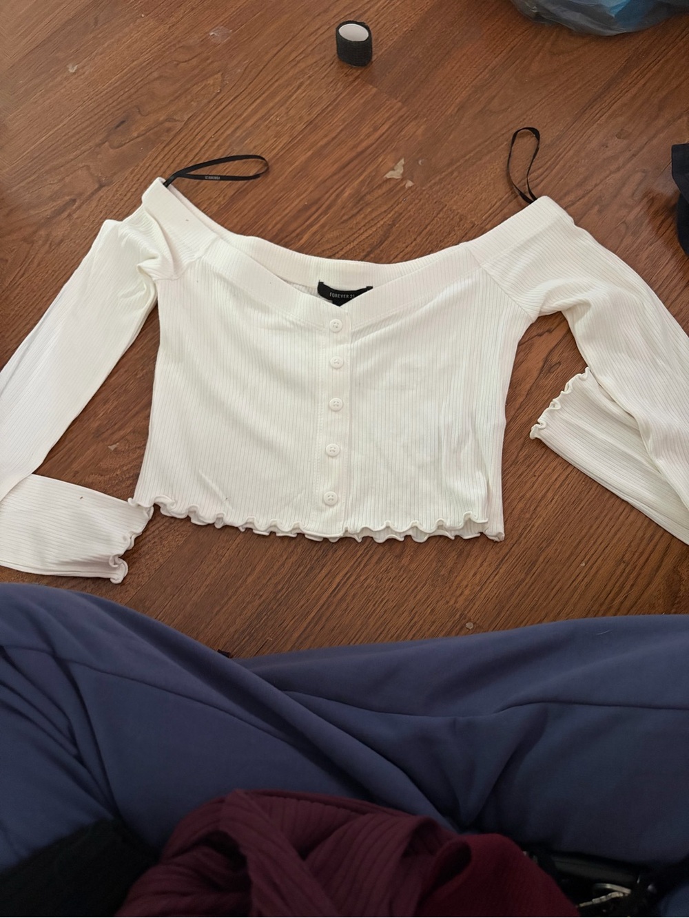 Forever 21 White Off-Shoulder Ribbed Button-Front Crop Top